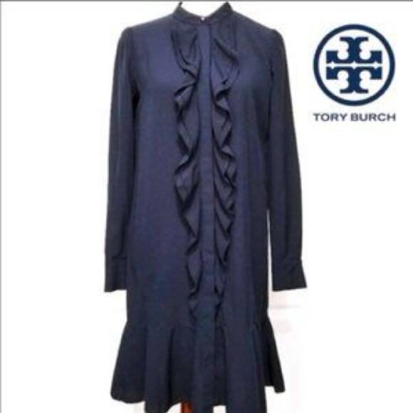 NWT Tory Burch Ruffle Front Long Sleeve Jane Dress in Medium Navy Size 10